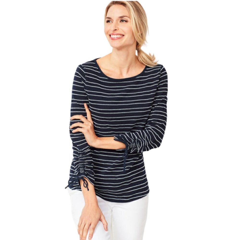 Talbots Navy White Stripe Ruched-Sleeve Shirt, M